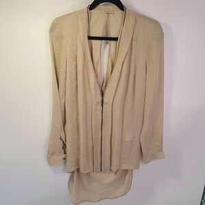 A.moss tan/ creme 100% silk zippered blouse top size small S